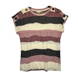 Womens L Knit Cap Sleeve Top Stripe Rose Charcoal Cream Button Coastal Nautical